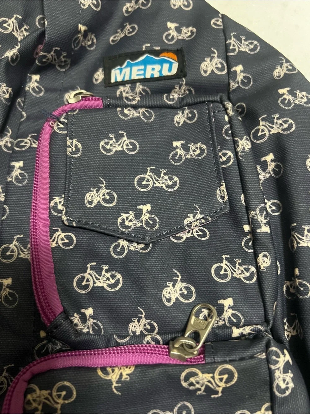 Meru Blue Canvas Sling Bag Cute Bicycle Print  Needs Cleaned See Pics.